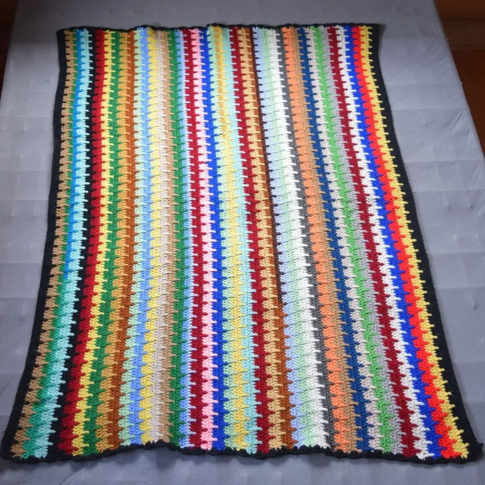 Double Crochet Stitch Afgan Lapghan Throw Blanket Rainbow Multicolor 70s 80s 90s